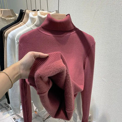 2024 New Thicken High Collar Pullover Women's Sweater Top Winter Warm and Soft Solid Color Inner Wear Bottoming Shirt