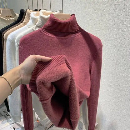 2024 New Thicken High Collar Pullover Women's Sweater Top Winter Warm and Soft Solid Color Inner Wear Bottoming Shirt