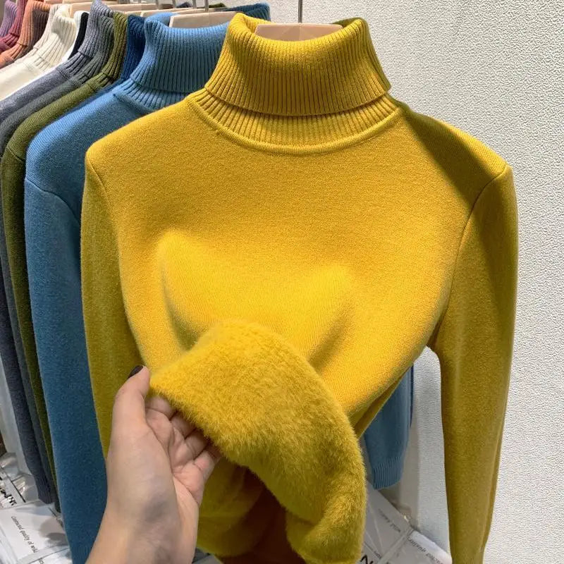 2024 New Thicken High Collar Pullover Women's Sweater Top Winter Warm and Soft Solid Color Inner Wear Bottoming Shirt