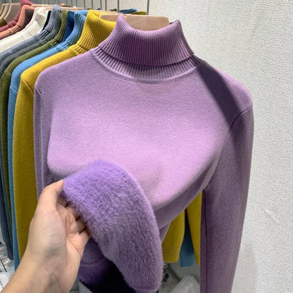 2024 New Thicken High Collar Pullover Women's Sweater Top Winter Warm and Soft Solid Color Inner Wear Bottoming Shirt