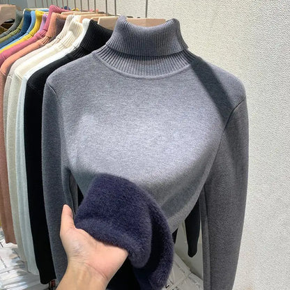 2024 New Thicken High Collar Pullover Women's Sweater Top Winter Warm and Soft Solid Color Inner Wear Bottoming Shirt