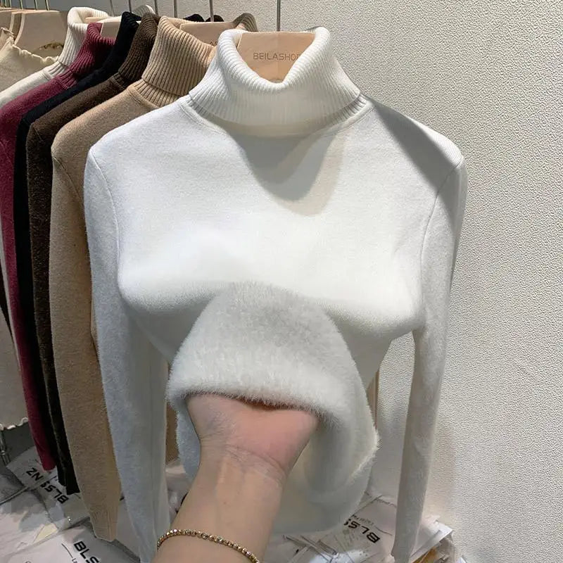 2024 New Thicken High Collar Pullover Women's Sweater Top Winter Warm and Soft Solid Color Inner Wear Bottoming Shirt