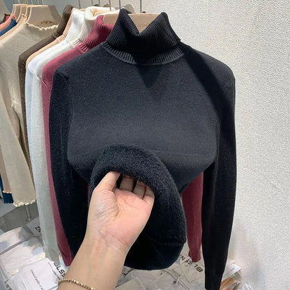 2024 New Thicken High Collar Pullover Women's Sweater Top Winter Warm and Soft Solid Color Inner Wear Bottoming Shirt