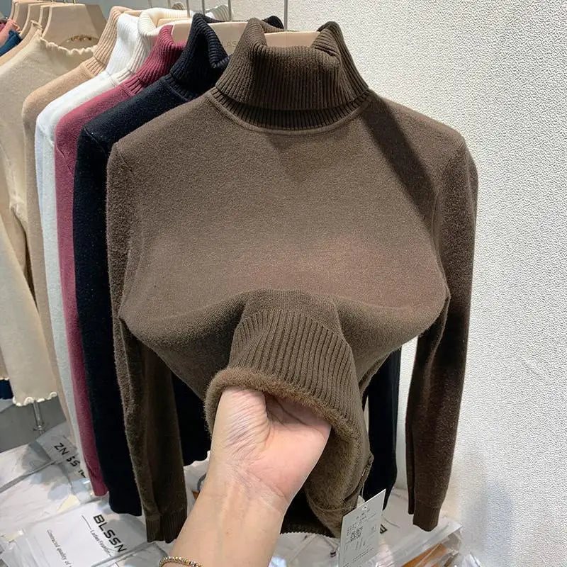 2024 New Thicken High Collar Pullover Women's Sweater Top Winter Warm and Soft Solid Color Inner Wear Bottoming Shirt