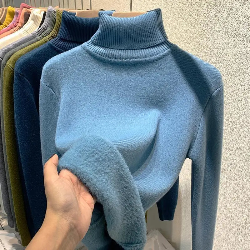 2024 New Thicken High Collar Pullover Women's Sweater Top Winter Warm and Soft Solid Color Inner Wear Bottoming Shirt